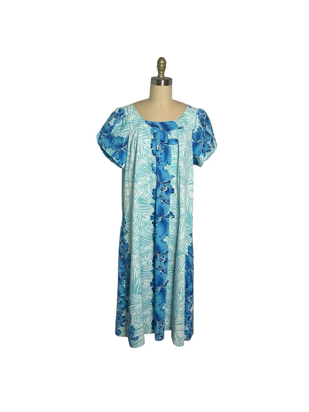 Vintage 90s Hawaiian Muumuu House Dress XL Blue Floral Hibiscus Pocket
